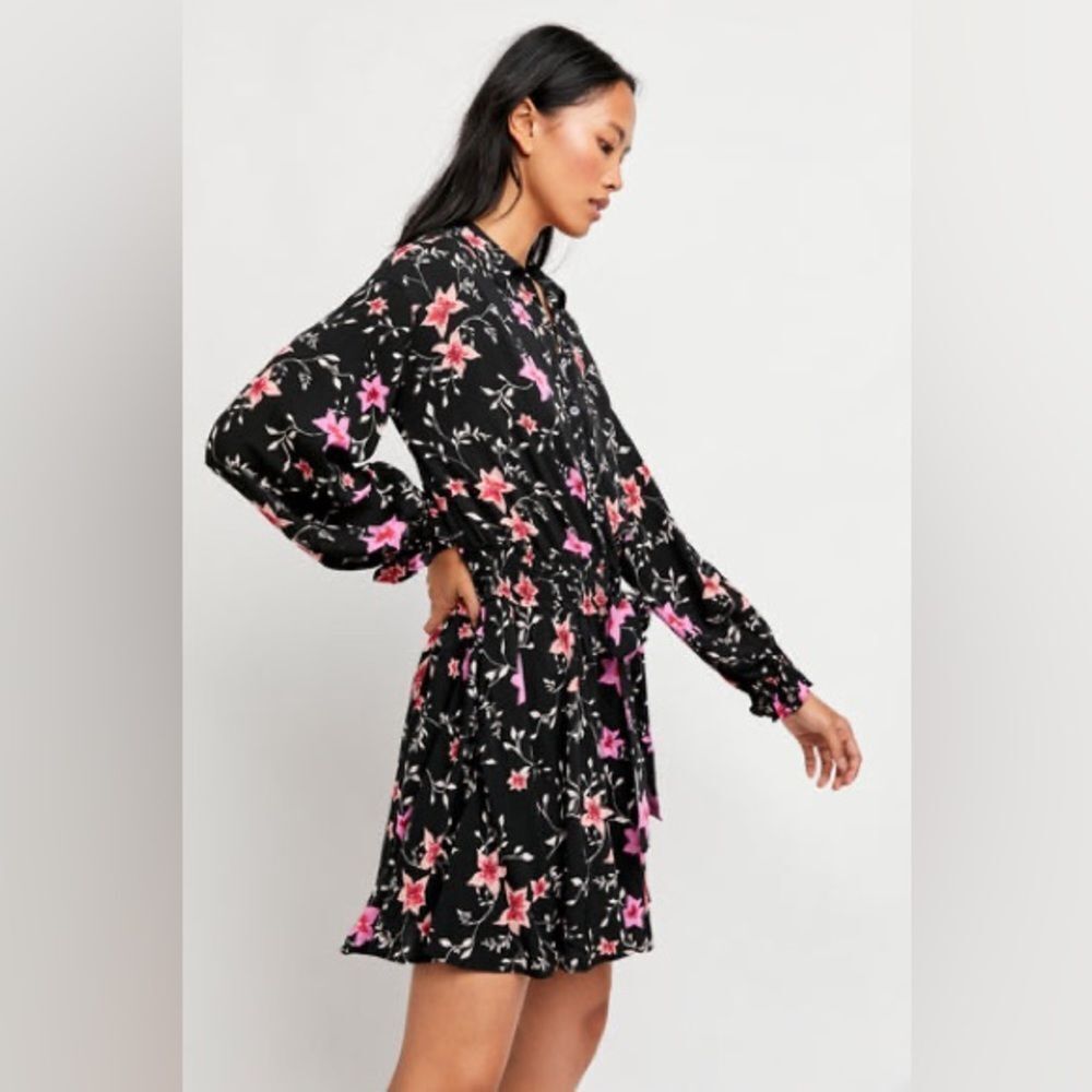 Free People Lighten Up Dress Floral on Black long sleeve with tie waist Sz XS